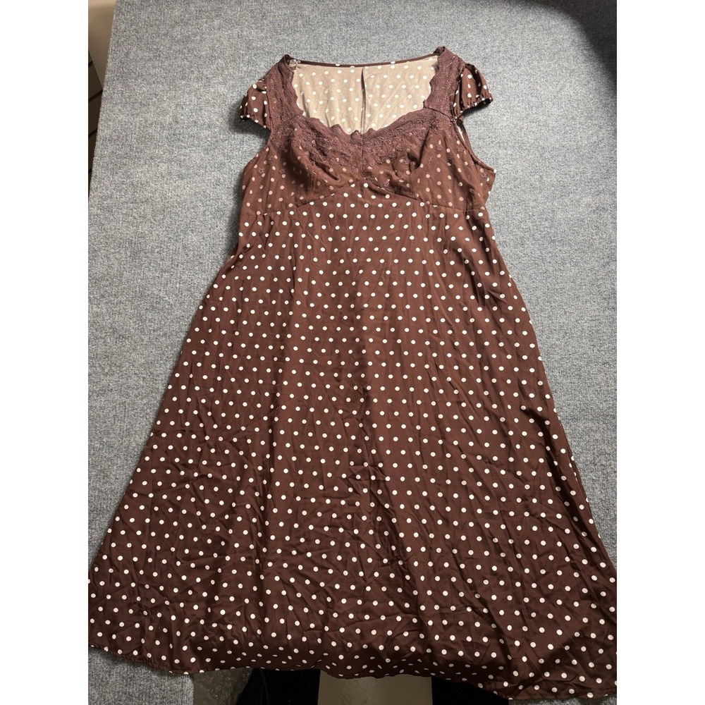 Women Brown Polka Dot Midi Dress Cap Sleeve Lace Trim Sweetheart Neckline 4X